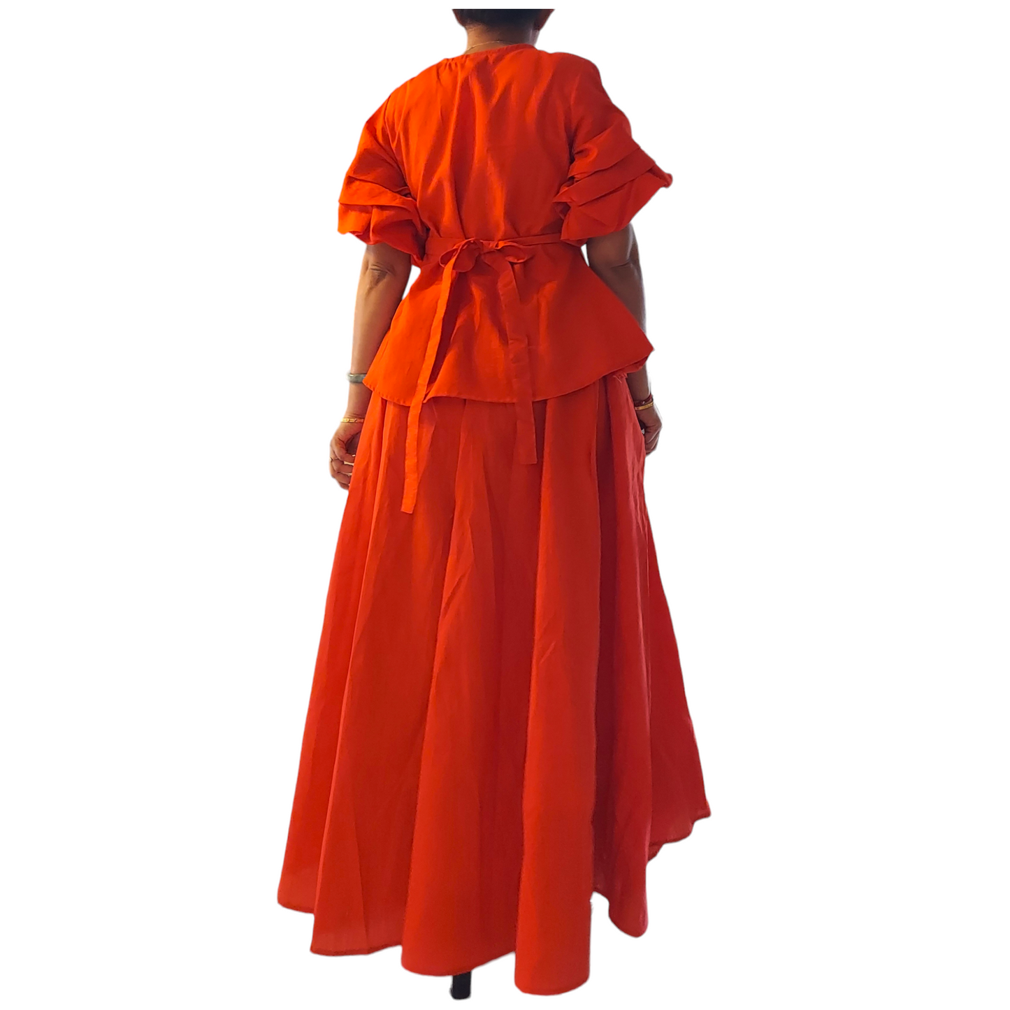 Faux Silk Long Skirt & Wrap Blouse Set - Red