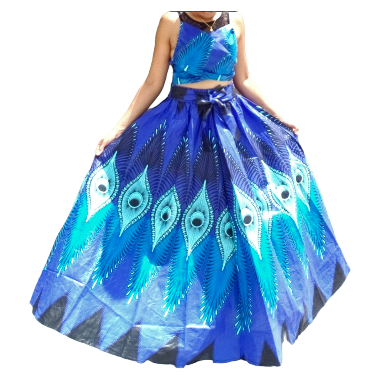 1305- Peacock print long maxi skirt- Blue
