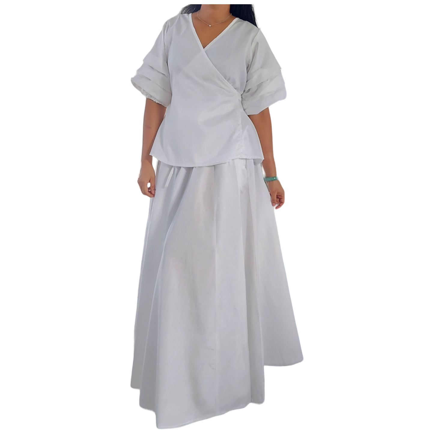Faux Silk Long Skirt & Wrap Blouse Set - White