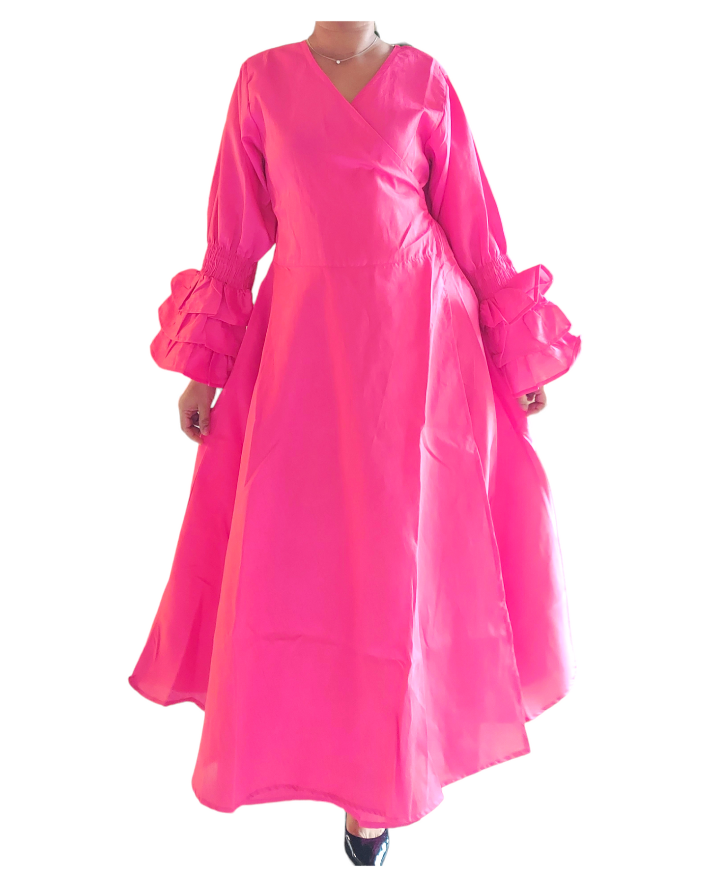 Faux Silk Wrap Dress With Long Ruffle Sleeves-Fuchsia
