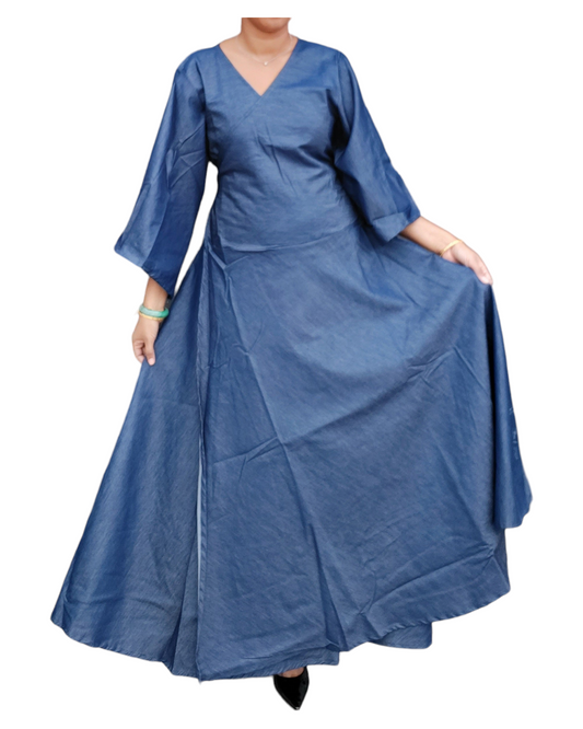 Woman Long Wrap dress with  Mid Length bell sleeves- Indigo Denim