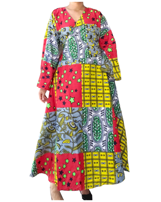 1014 - Long Wrap Dress / Long Bell Sleeves/ African Print-  Multi Color