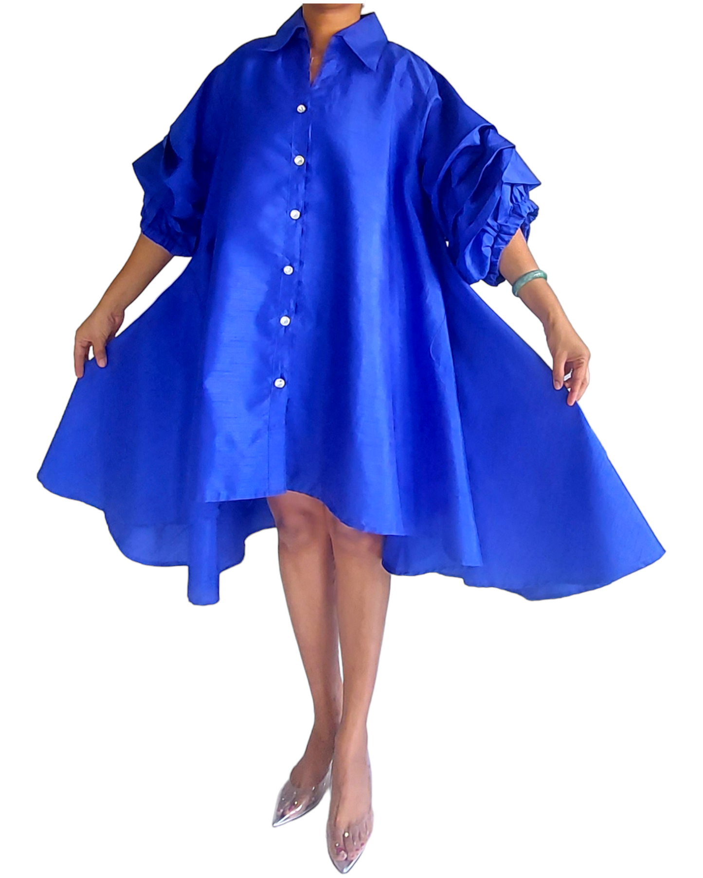 Swing Dress/Faux Silk/ Ruffle Sleeve - Royal Blue