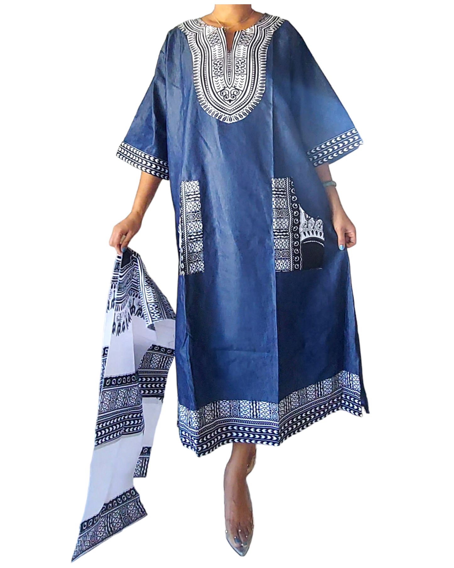 African Long Denim/Dashiki kaftan Dress- Black