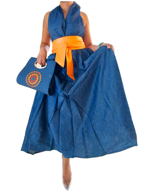1003 Combo Long Skirt & Pocketbook Set-Blue Denim/Orange