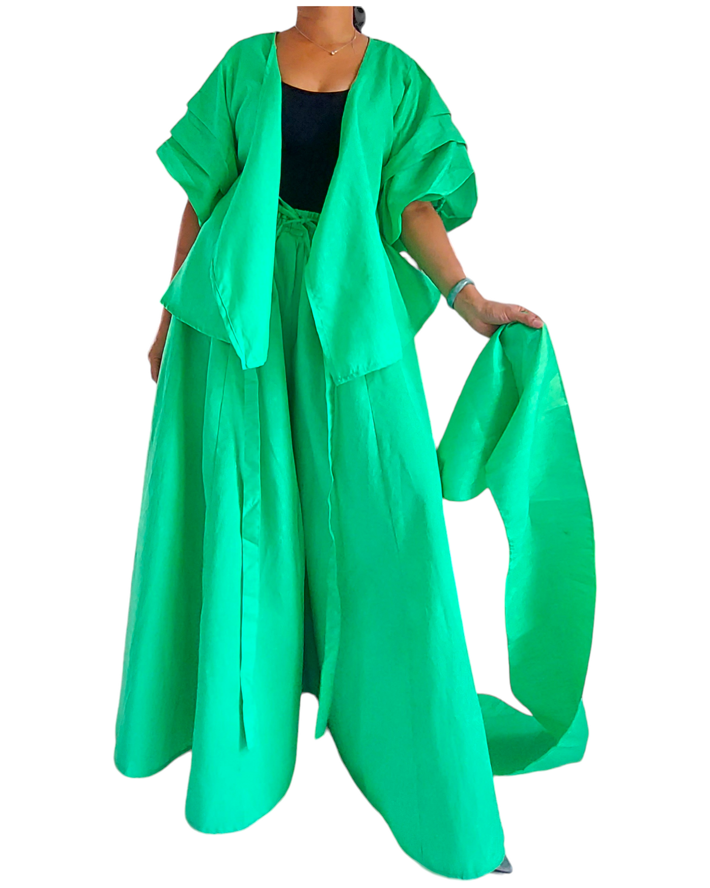 Faux Silk Palazzo Pant & Wrap Blouse Set -Green