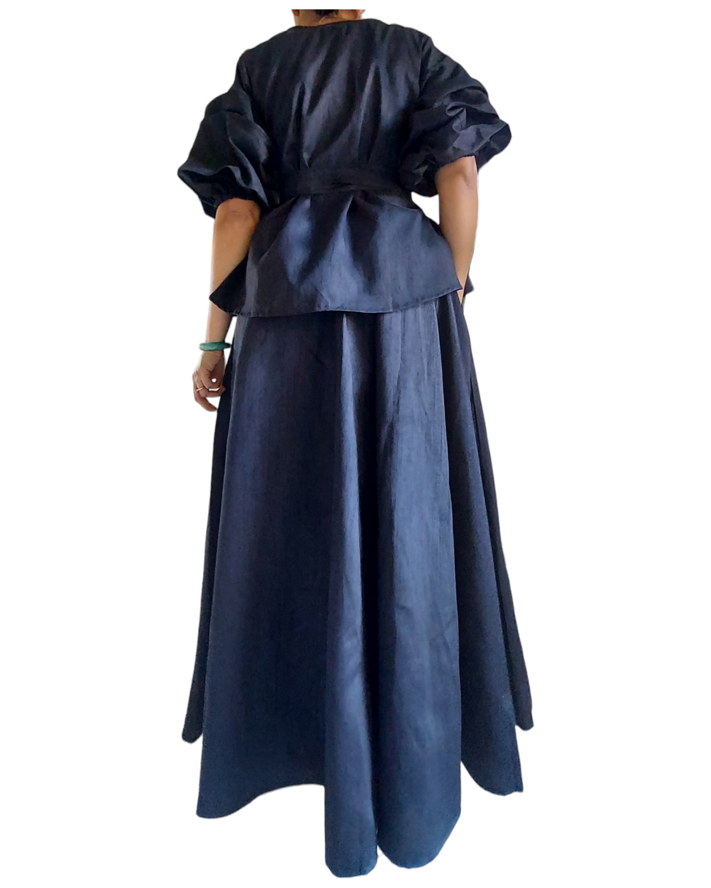 Faux Silk Long Skirt & Wrap Blouse Set - Black