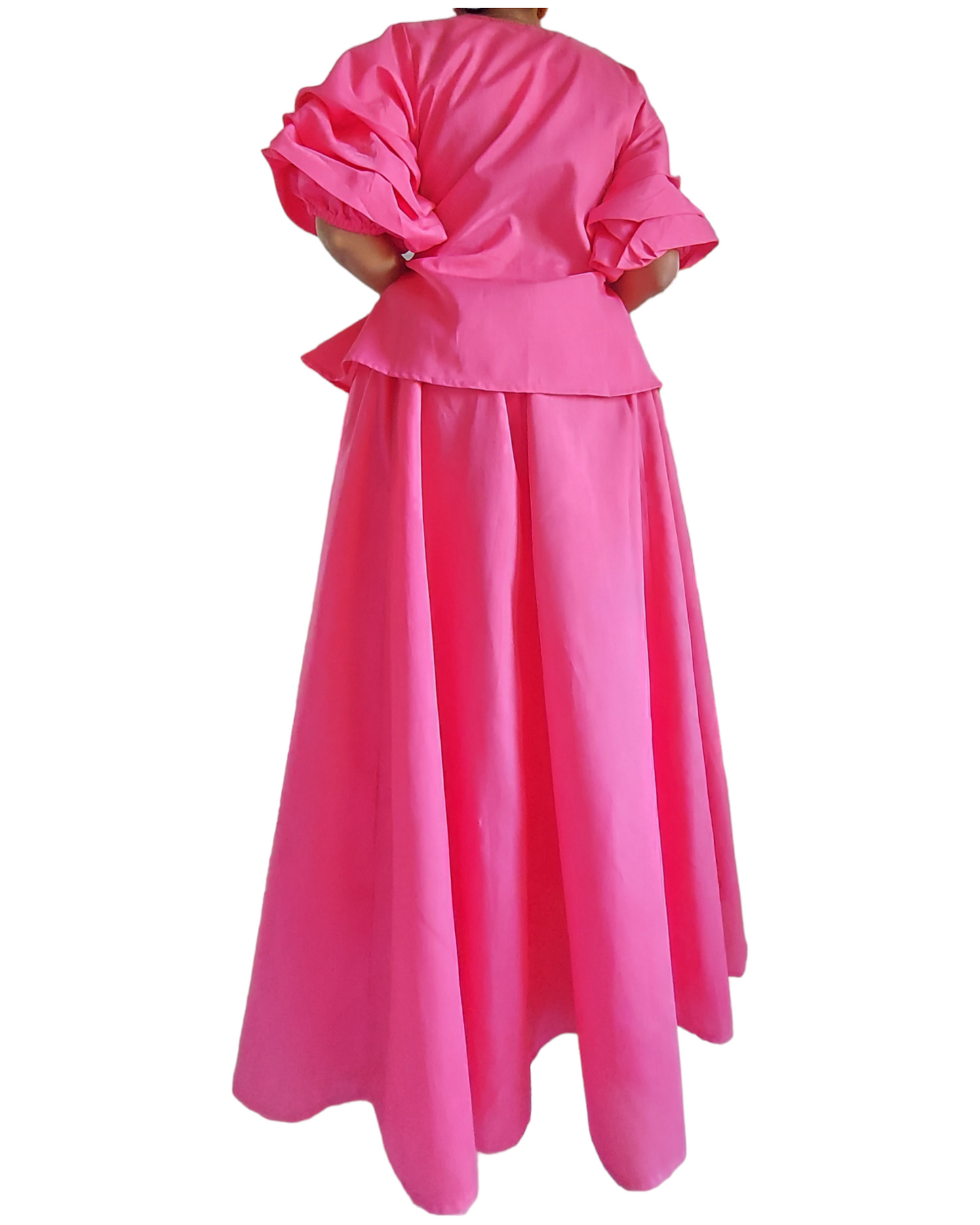 Faux Silk Long Skirt & Wrap Blouse Set - Fuchsia