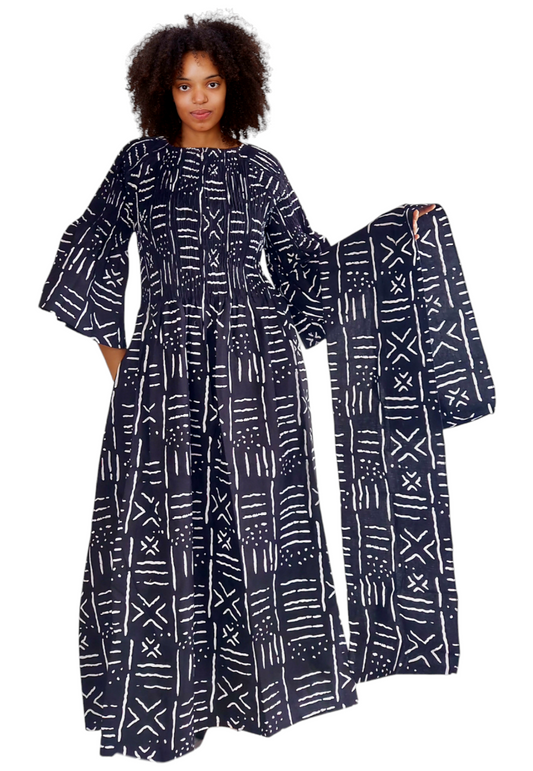 024 Women Long Printed Smocked Dress- Tribal Print