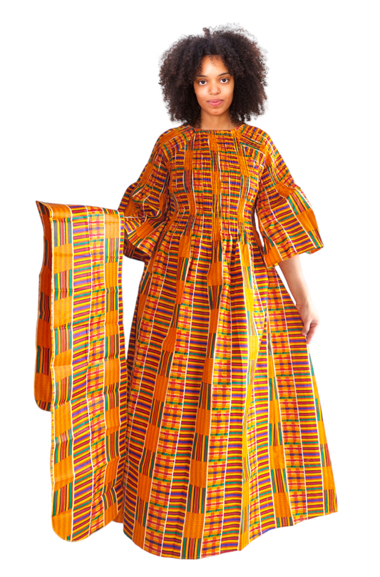 024 Women Long Printed Smocked Dress- kente Print