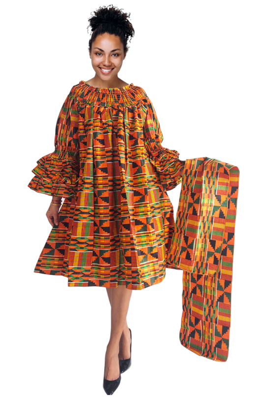 018- Women Middi Off Shoulder African Kente Dress - Orange