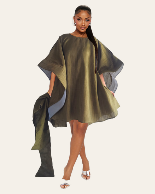 Faux Silk Wing Dress/Poncho Dress/ Wing Sleeves- Olive