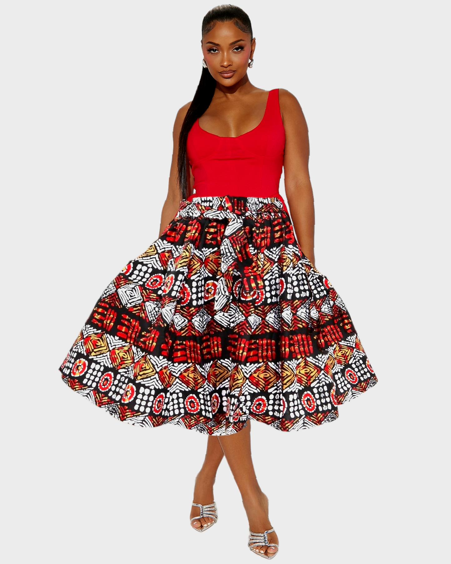 7012 Woman Mid Length Flared skirt- 576Red/White