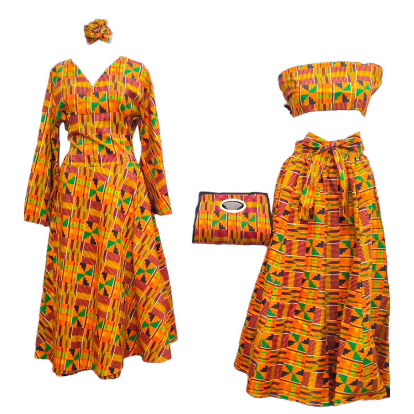 Wrap Dress /  Maxi Skirt / Pocketbook Combo Set- Orange Kente