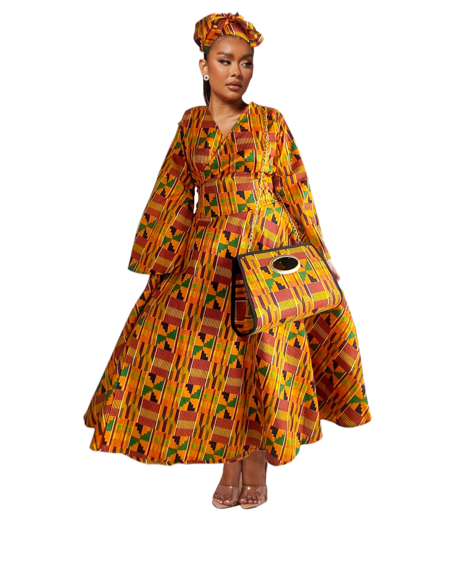 Wrap Dress /  Maxi Skirt / Pocketbook Combo Set- Orange Kente