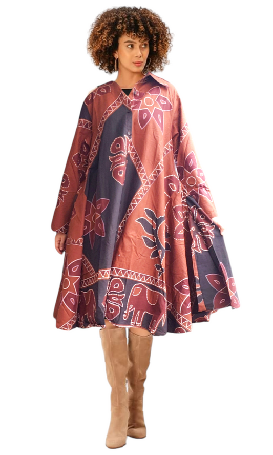 Swing Dress/Button Down Shirt Dress/ Top - Brown/Elephant Print-16666M