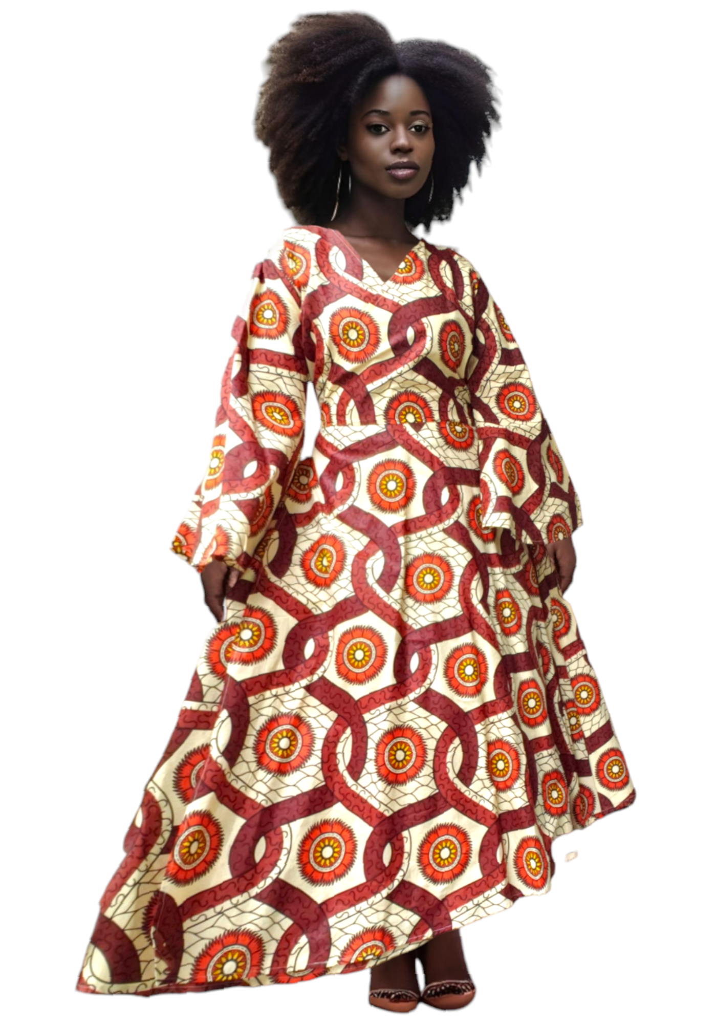8001- Women Long Wrap Dress/Bell Sleeves- Cream-Brown