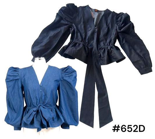 Denim Ruched sleeve Bow Blouse -652D