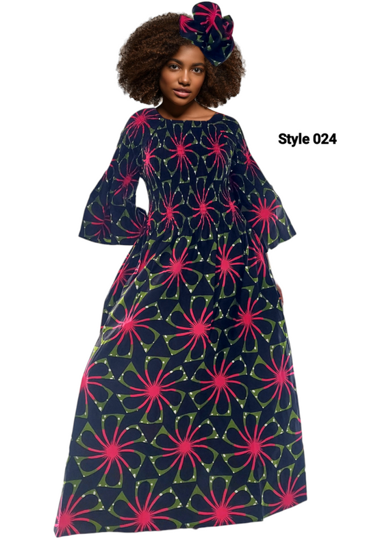 024 Women Long Printed Smocked Dress