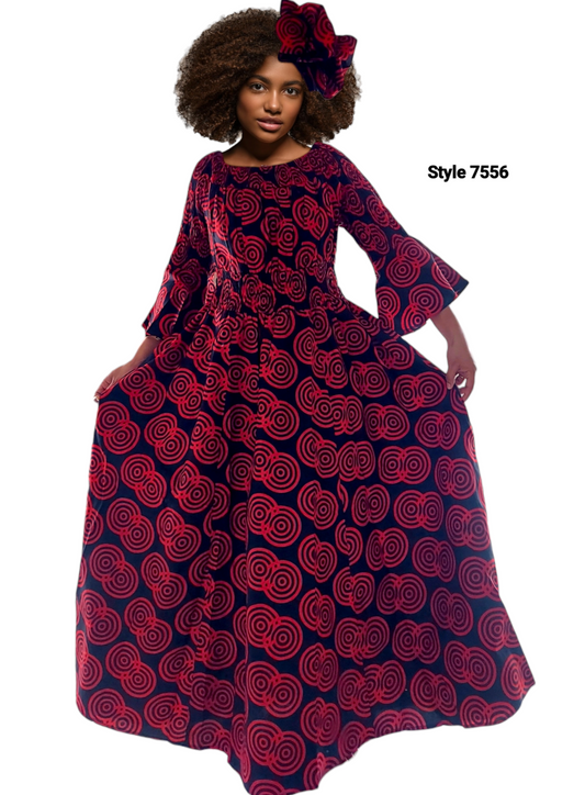 7556 - Smocked Waist Long Dress -Red
