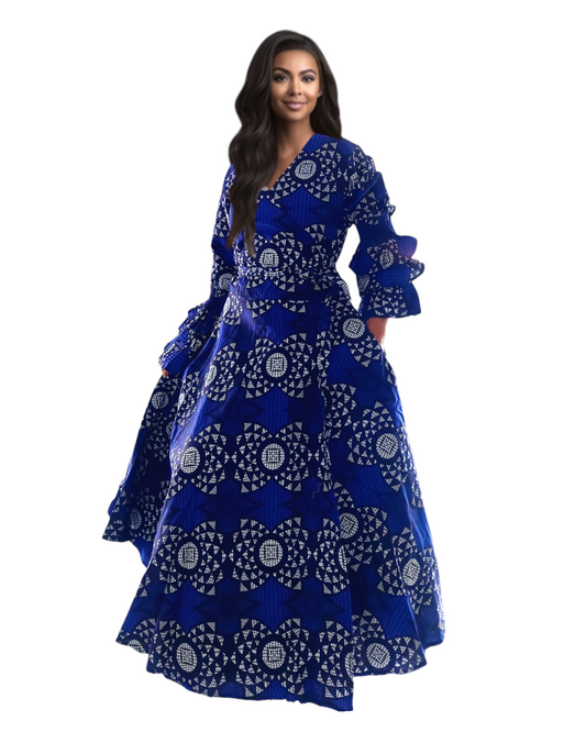 70-Woman's Long African Print Wrap Dress - Blue