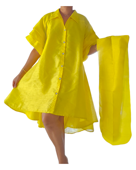 Swing Dress/ Faux Silk/ Ruffle Sleeve - Yellow