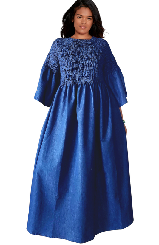 024- Women Long Denim Smocked Dress