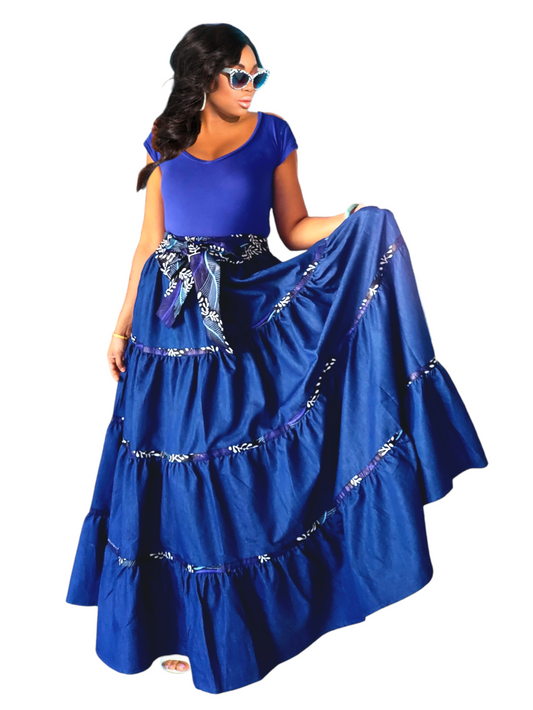 7003 Long Flared Tiered Skirt- Blue/Denim