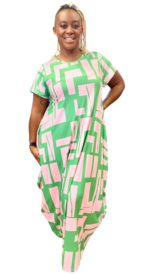 Woman Bubble  Dress /Geo Print /Pink/Green