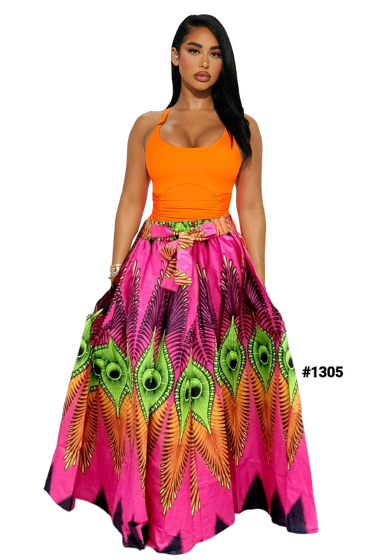 1305- Peacock print long maxi skirt- Pink
