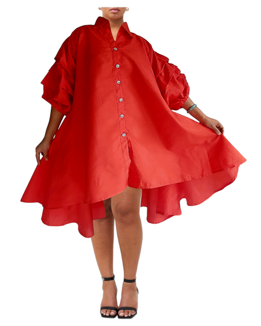Swing Dress/ Faux Silk/ Ruffle Sleeve - Red