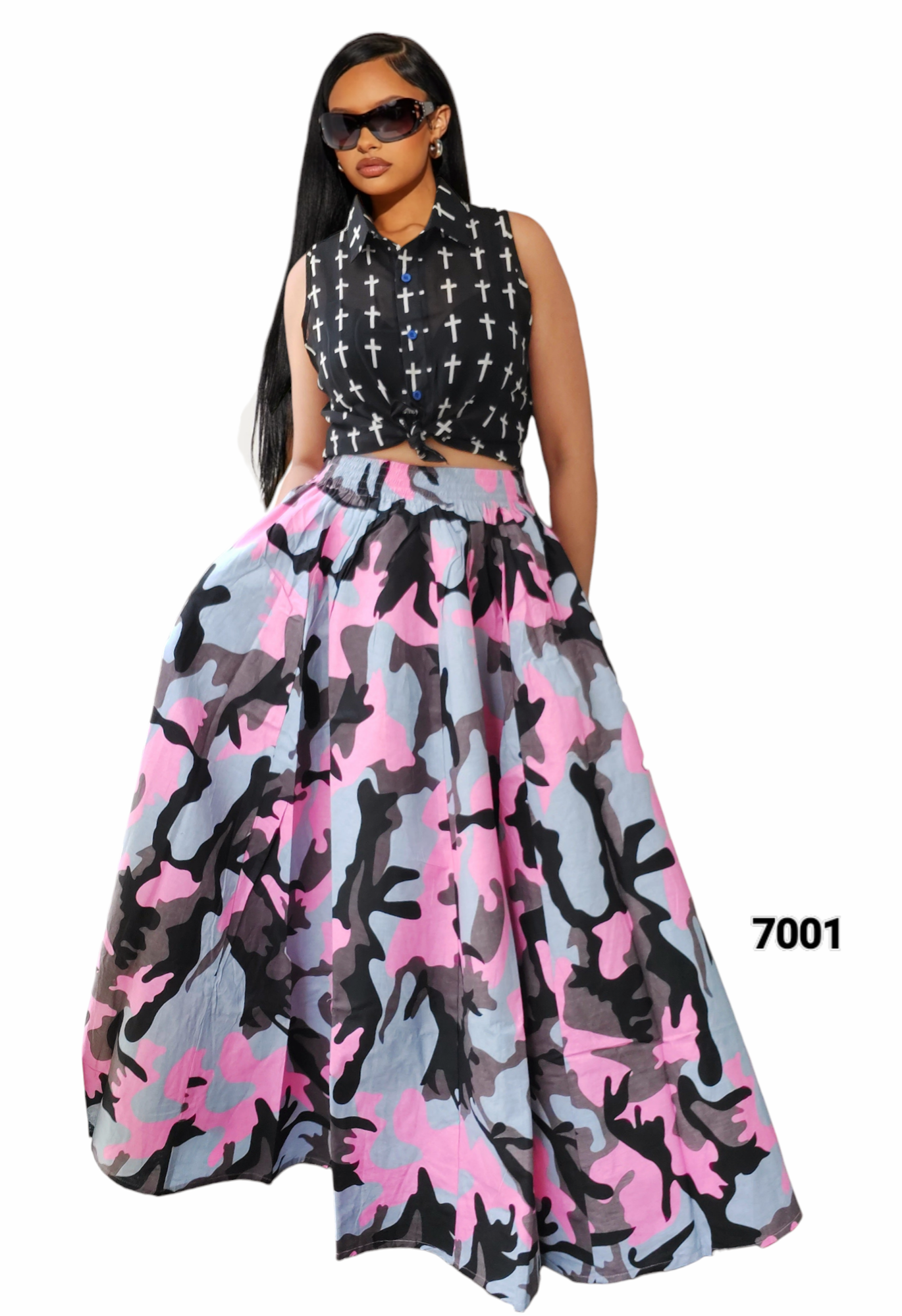 7001- Women Long Maxi Skirt- Pink Camouflage