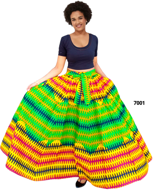 7001-Long Printed Flared Skirt- Green