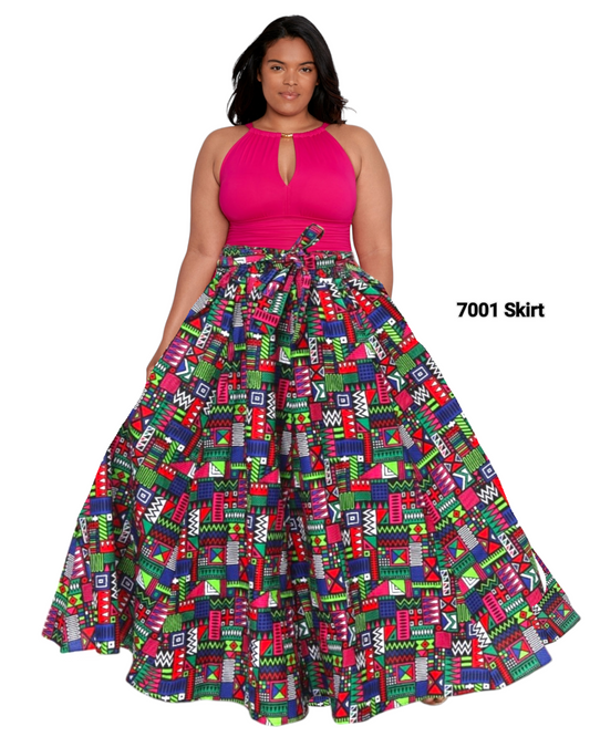 7001 Women Long Printed Maxi Skirt-  Pink/Green Multi