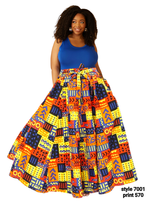 7001 Women Long Printed Maxi Skirt- Orange/Blue/Multi