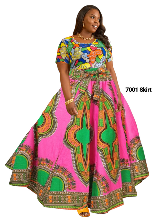 7001 Women Long Maxi Skirt- Pink Dashiki