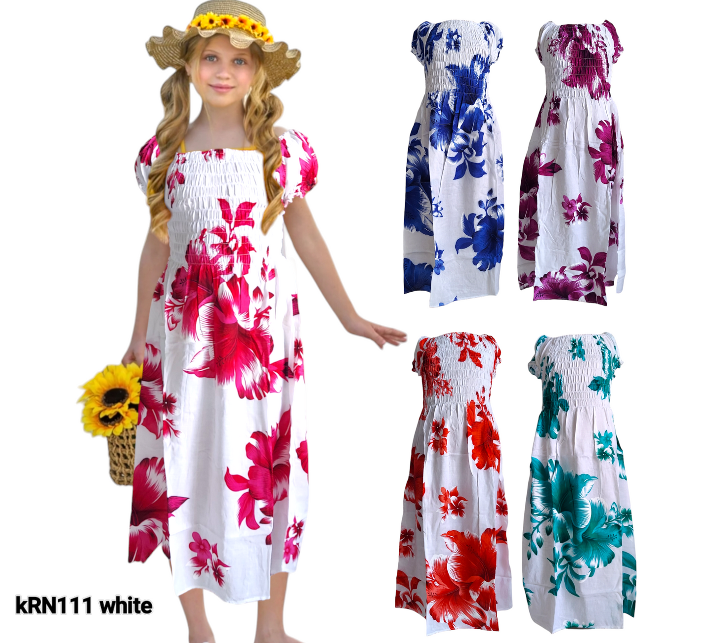 KRN111 -  Kids/ Girls Hawaiian Dress /White