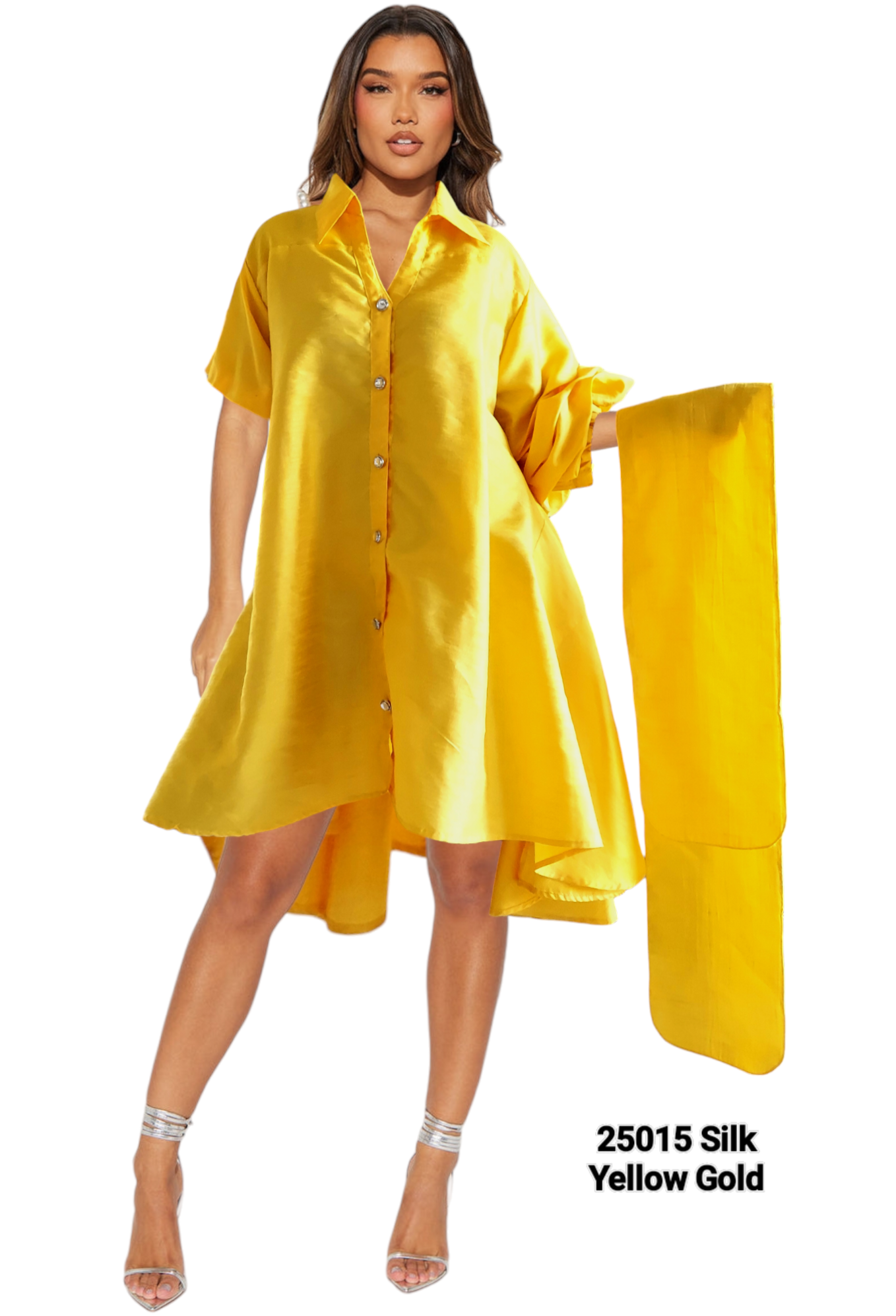 Swing Dress/ Faux Silk/ Ruffle Sleeve - Yellow Gold