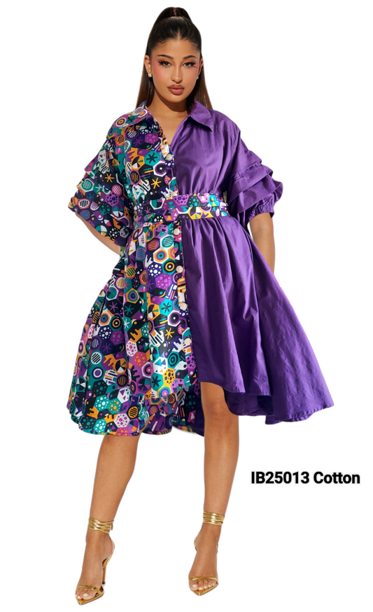 IB25013- Swing Dress/ Cotton / Ruffle Sleeve - Two Tone