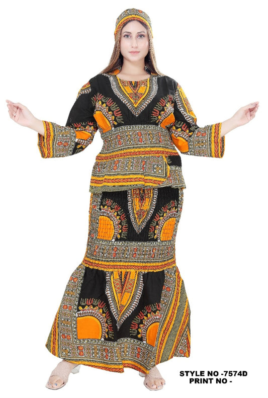 Smocked Tiered Skirt / Blouse  Set- Traditional Dashiki - 7574D