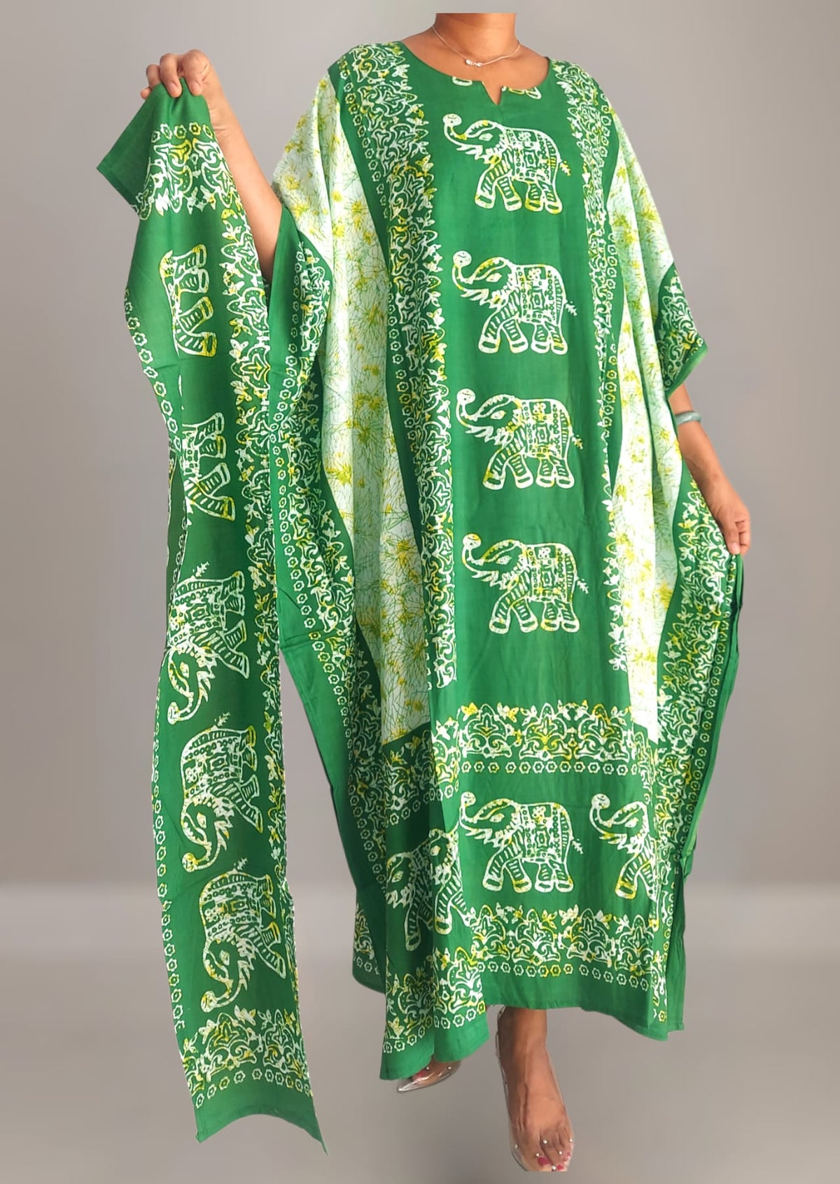 Women Elephant Print  Kaftan Dress - Green