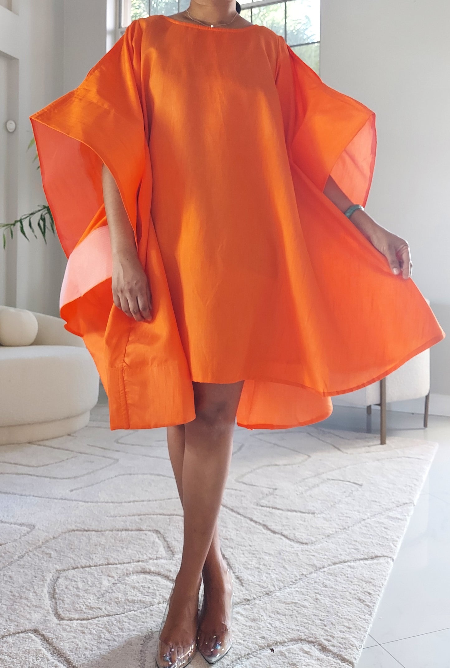 Faux Silk Wing Dress/Poncho Dress/ Wing Sleeves-Orange