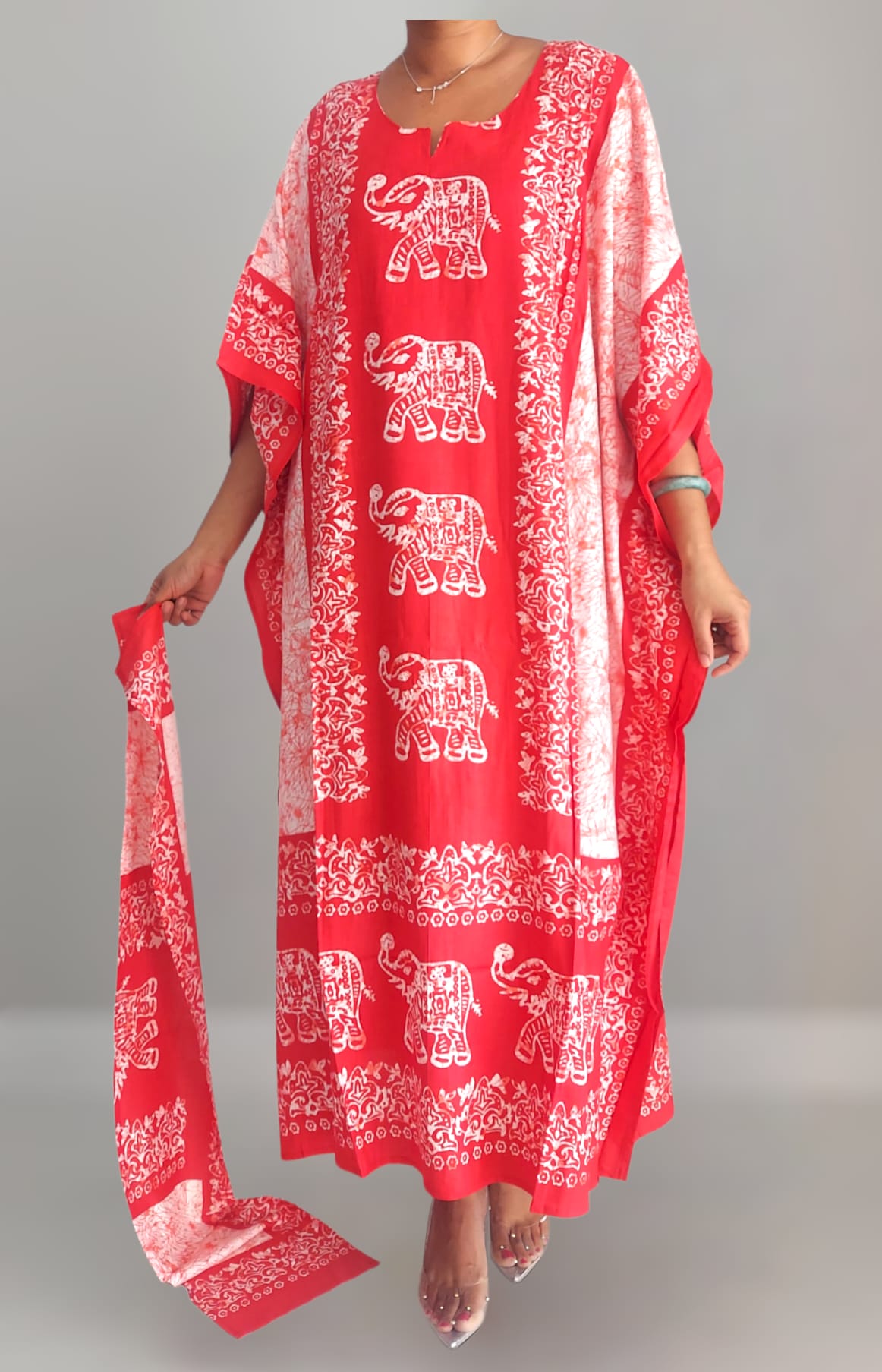 Women Elephant Print  Kaftan Dress - Red