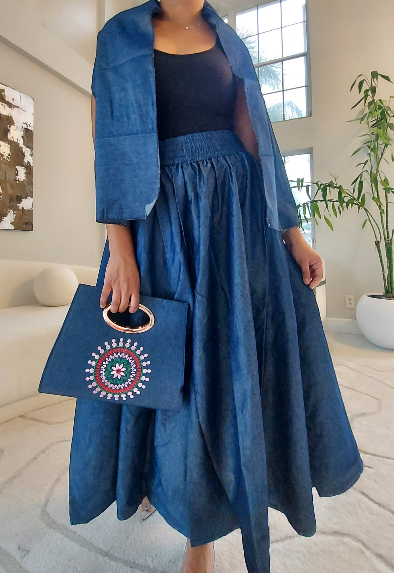 1003 Combo Long Skirt & Pocketbook Set-Blue Denim/ Pink