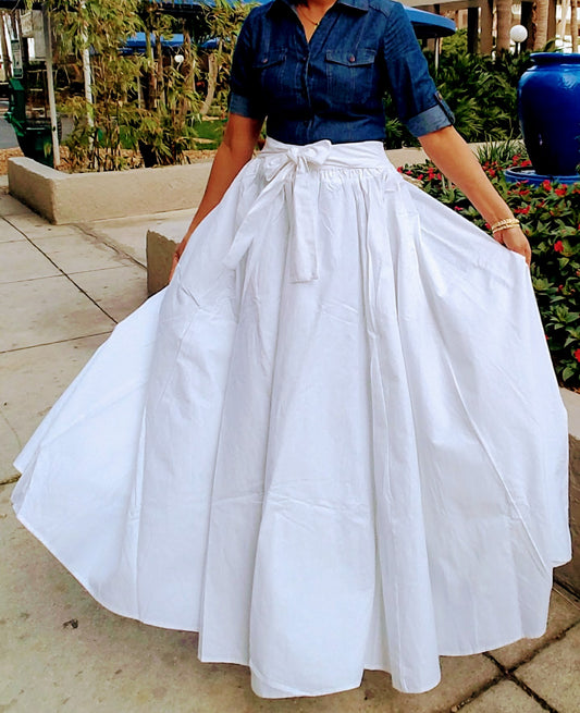 7001-Long Solid Maxi Skirt- White
