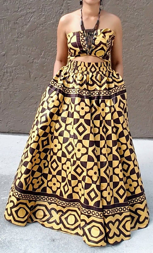 7001 Women Long African Tribal Print Skirt- Tan/ Brown