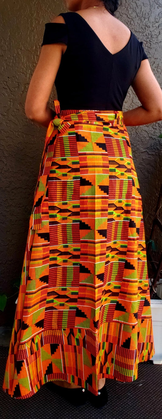 90- African Print Wrap Skirt - Kente Orange