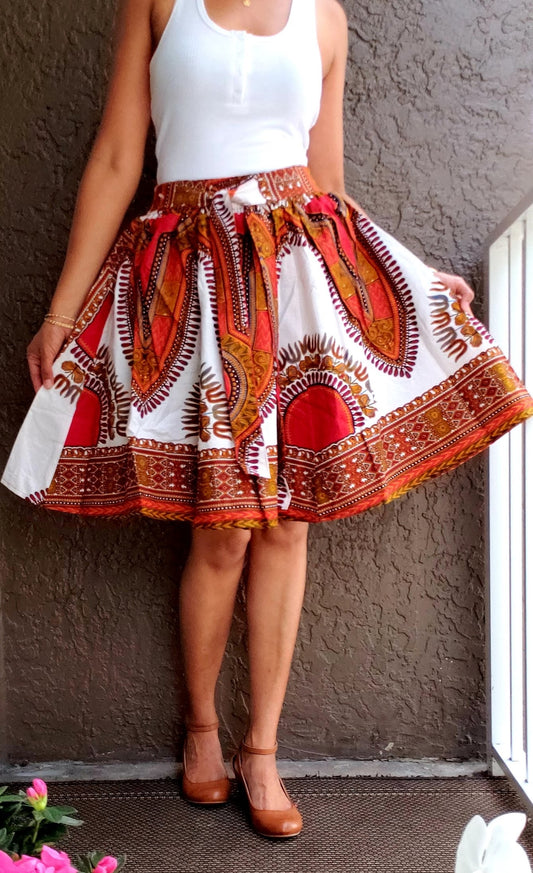 7009 Women Short Skirt Dashiki Skirt- White/ Red
