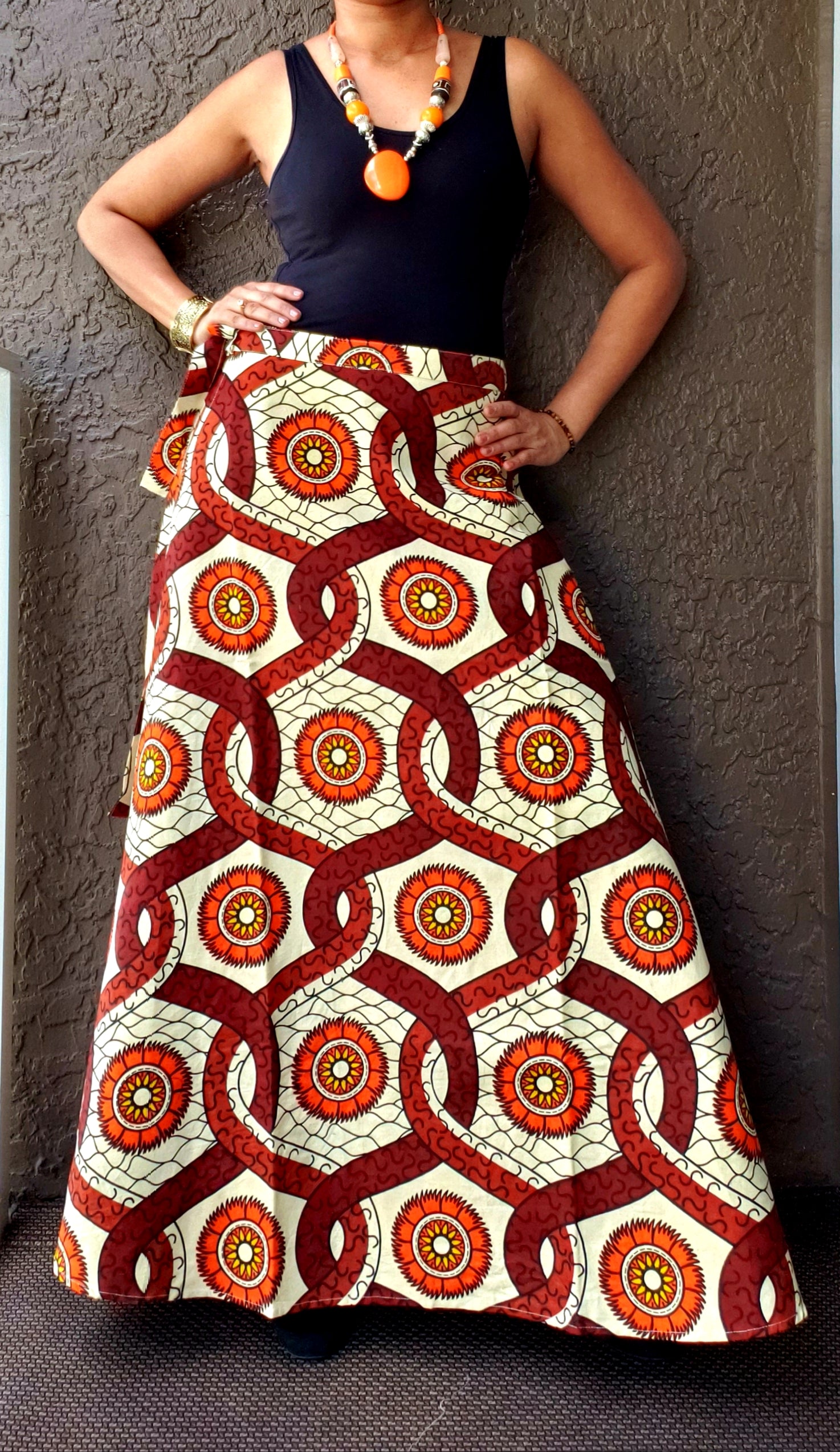6006- Women Wrap Long skirt- Cream/ Brown – India Batik