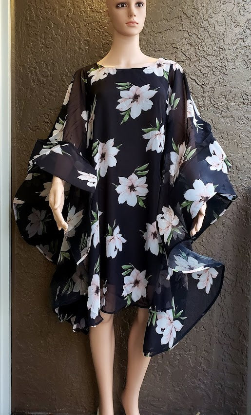 AA17-777 Women Chiffon Dress with Wing Sleeves- black Floral